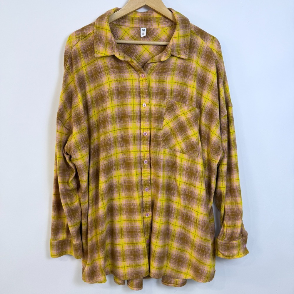 BP Flannel Button Up Shirt Womens 2X Yellow Brown Cotton Blend Cozy Layering